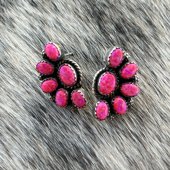 Neon Pink Opal Half Cluster Blossom earrings - Picture 1 of 2
